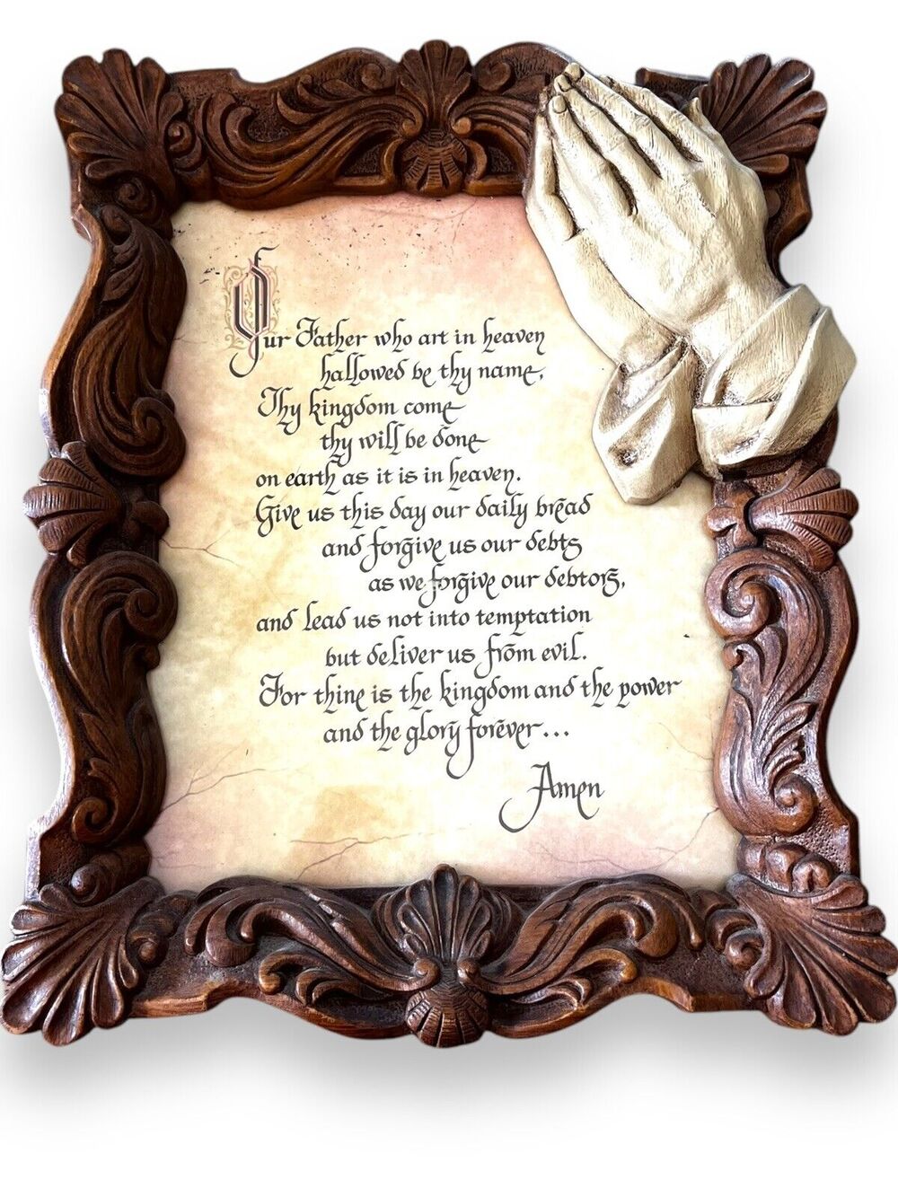 Vintage Wall Art Home Resin The Lord's Prayer With 3D Praying Hands 60’s 70’s